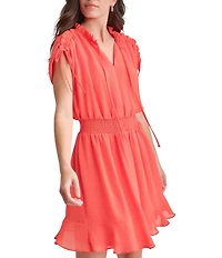 DKNY by Donna Karan Round Tie Neck Short Sleeve Smocked Waist Mini Dress