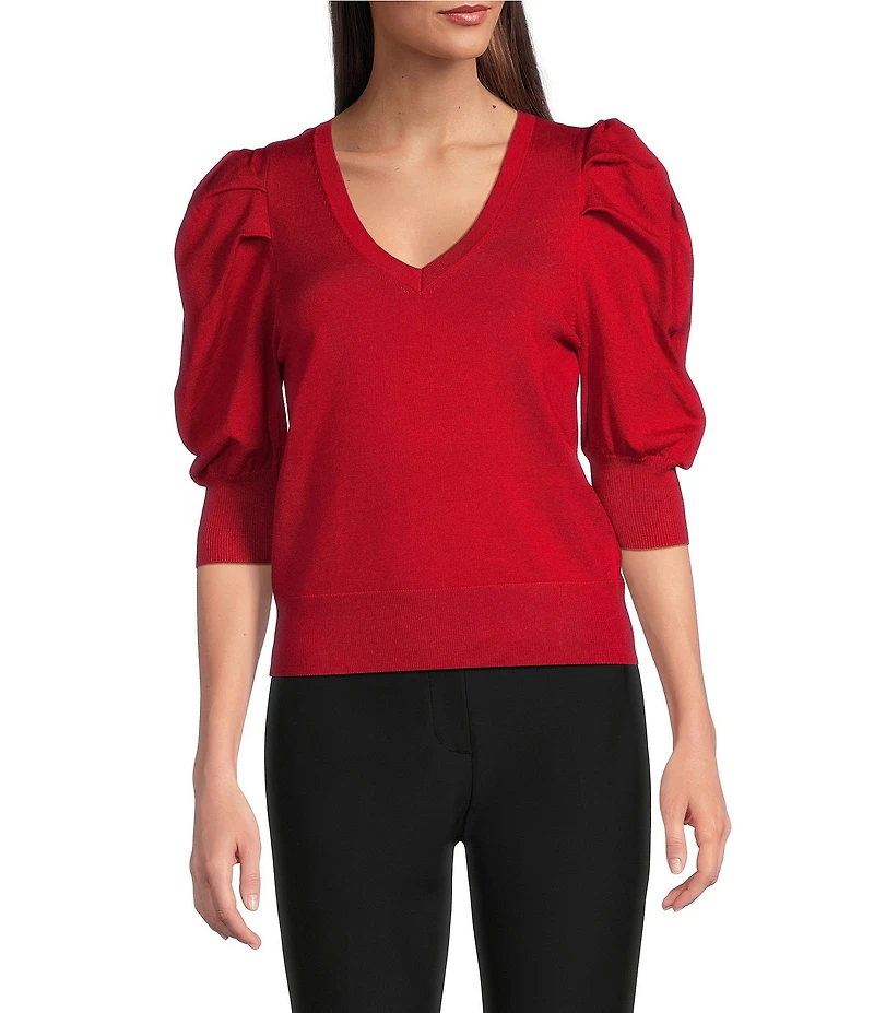 DKNY by Donna Karan Short Pleated Puffed Elbow Sleeve V-Neck Knit Top