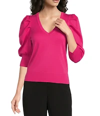 DKNY by Donna Karan Pleated Puffed Elbow Length Sleeve V-Neck Knit Top