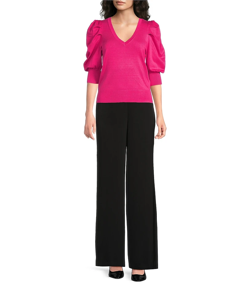 DKNY by Donna Karan Pleated Puffed Elbow Length Sleeve V-Neck Knit Top