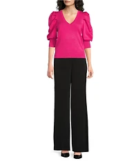 DKNY by Donna Karan Pleated Puffed Elbow Length Sleeve V-Neck Knit Top