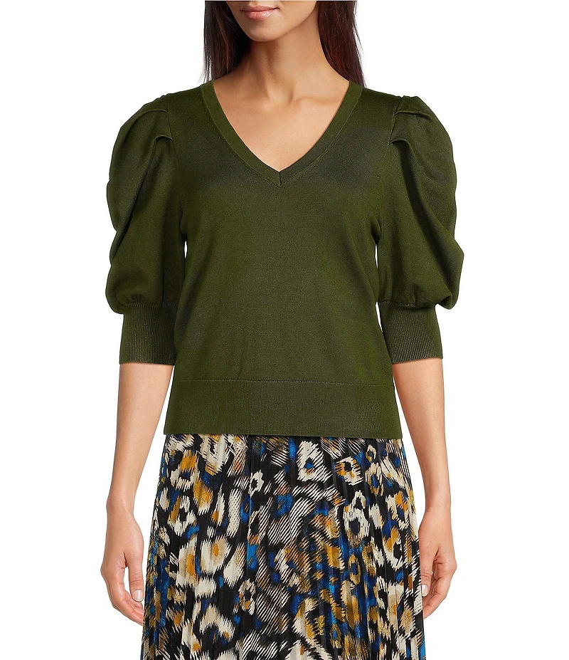DKNY by Donna Karan Short Pleated Puffed Elbow Sleeve V-Neck Knit Top