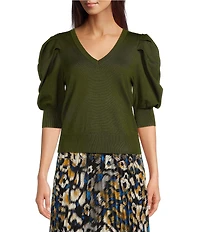 DKNY by Donna Karan Short Pleated Puffed Elbow Sleeve V-Neck Knit Top