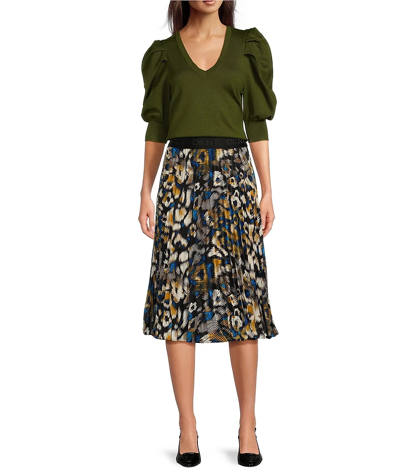 DKNY by Donna Karan Short Pleated Puffed Elbow Sleeve V-Neck Knit Top