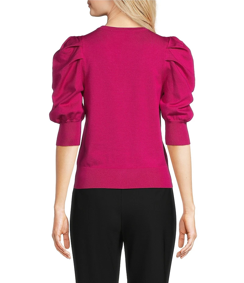 DKNY by Donna Karan Short Pleated Puffed Elbow Sleeve V-Neck Knit Top
