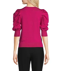 DKNY by Donna Karan Short Pleated Puffed Elbow Sleeve V-Neck Knit Top