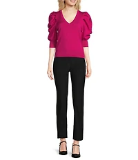 DKNY by Donna Karan Short Pleated Puffed Elbow Sleeve V-Neck Knit Top