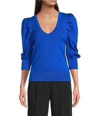 DKNY by Donna Karan Short Pleated Puffed Elbow Sleeve V-Neck Knit Top