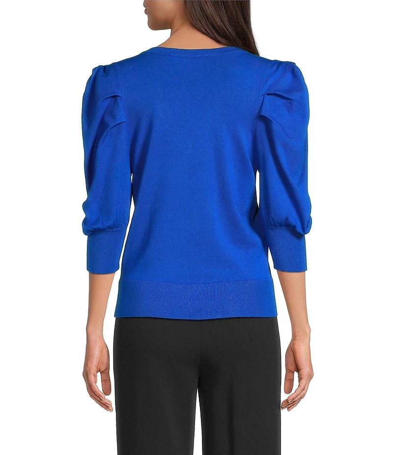 DKNY by Donna Karan Short Pleated Puffed Elbow Sleeve V-Neck Knit Top