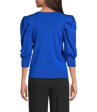 DKNY by Donna Karan Short Pleated Puffed Elbow Sleeve V-Neck Knit Top