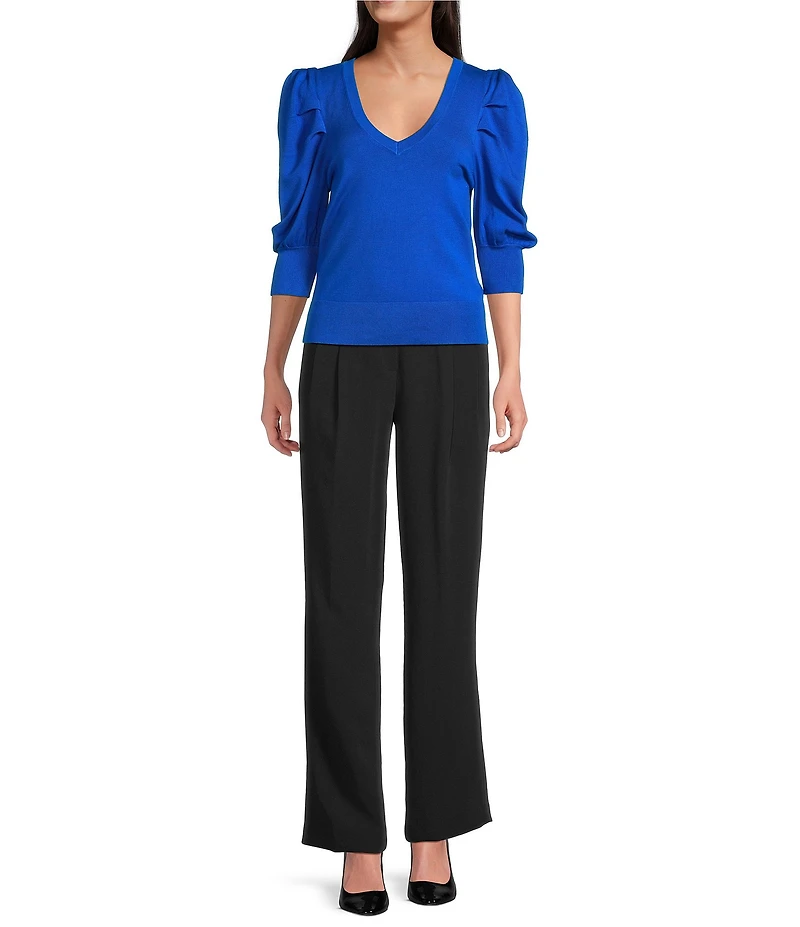 DKNY by Donna Karan Short Pleated Puffed Elbow Sleeve V-Neck Knit Top