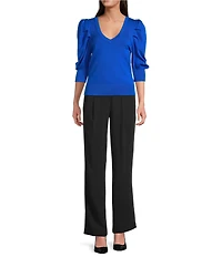 DKNY by Donna Karan Short Pleated Puffed Elbow Sleeve V-Neck Knit Top