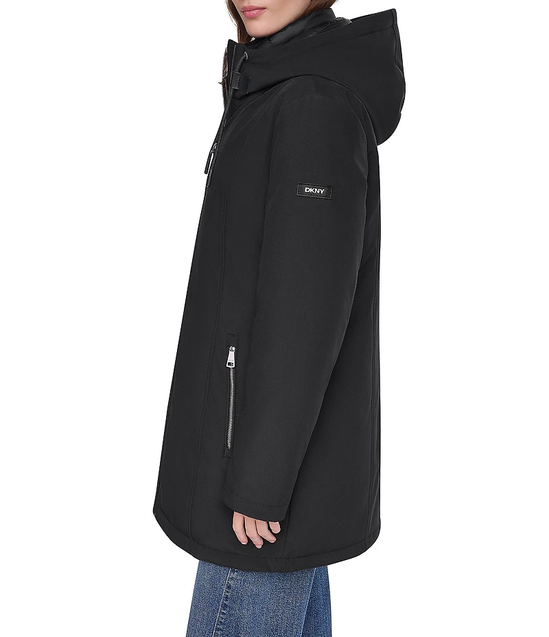 DKNY Softshell Hooded Funnel Collar Quilt Bib Zip Front Parka