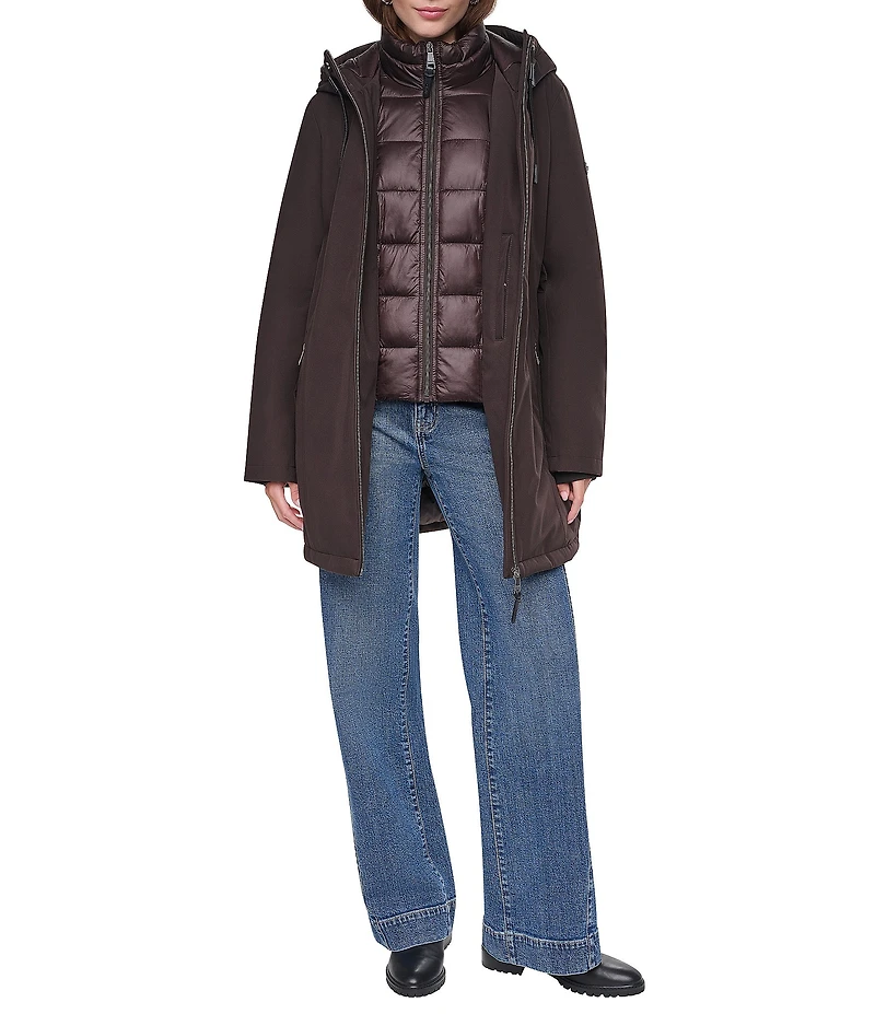DKNY Softshell Hooded Funnel Collar Quilt Bib Zip Front Parka