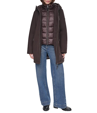 DKNY Softshell Hooded Funnel Collar Quilt Bib Zip Front Parka
