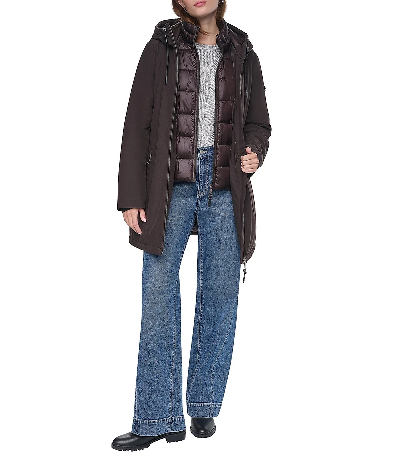 DKNY Softshell Hooded Funnel Collar Quilt Bib Zip Front Parka