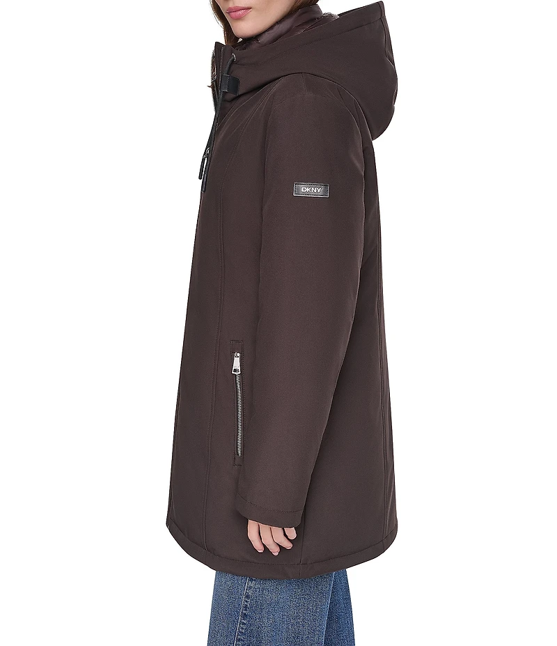 DKNY Softshell Hooded Funnel Collar Quilt Bib Zip Front Parka