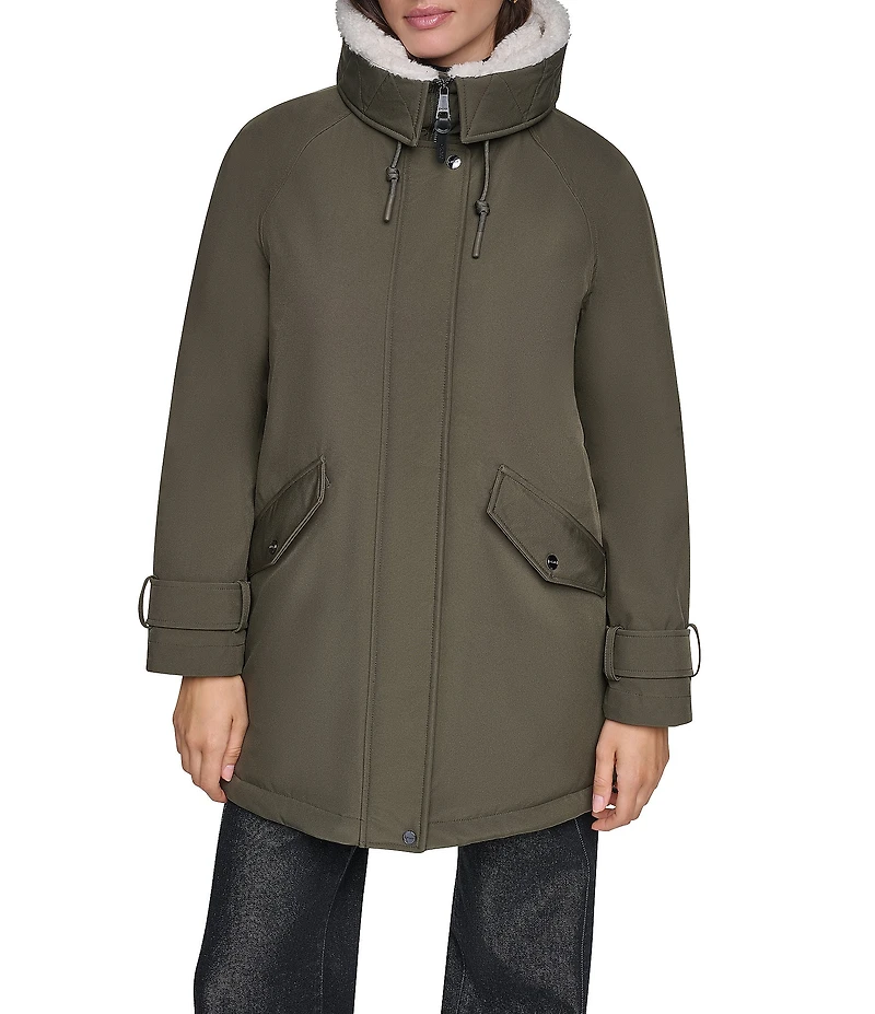 DKNY Softshell Sherpa Lined Hoodie Hidden Snap Front Parka