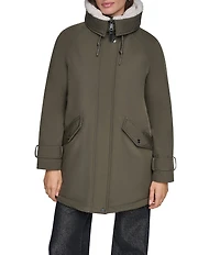 DKNY Softshell Sherpa Lined Hoodie Hidden Snap Front Parka
