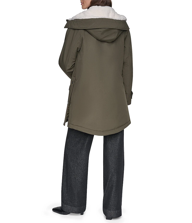 DKNY Softshell Sherpa Lined Hoodie Hidden Snap Front Parka