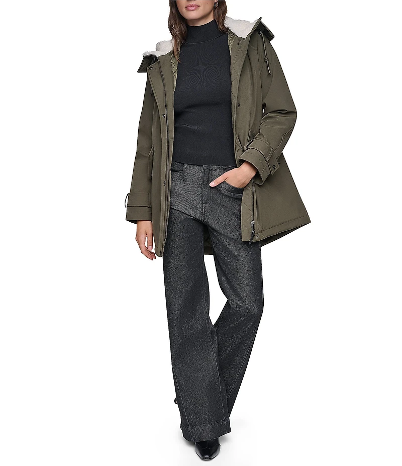 DKNY Softshell Sherpa Lined Hoodie Hidden Snap Front Parka