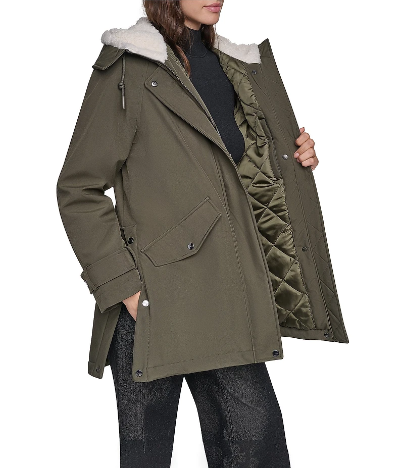 DKNY Softshell Sherpa Lined Hoodie Hidden Snap Front Parka