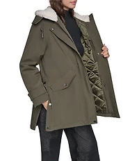DKNY Softshell Sherpa Lined Hoodie Hidden Snap Front Parka