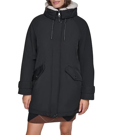 DKNY Softshell Sherpa Lined Hoodie Hidden Snap Front Parka