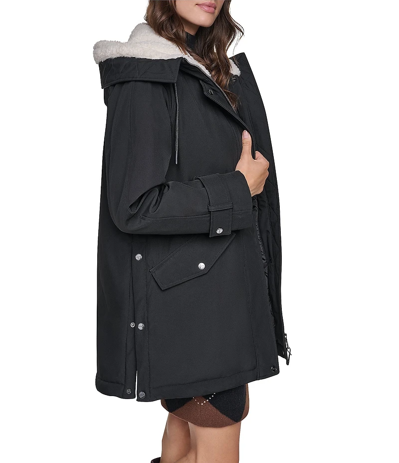 DKNY Softshell Sherpa Lined Hoodie Hidden Snap Front Parka