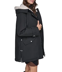 DKNY Softshell Sherpa Lined Hoodie Hidden Snap Front Parka