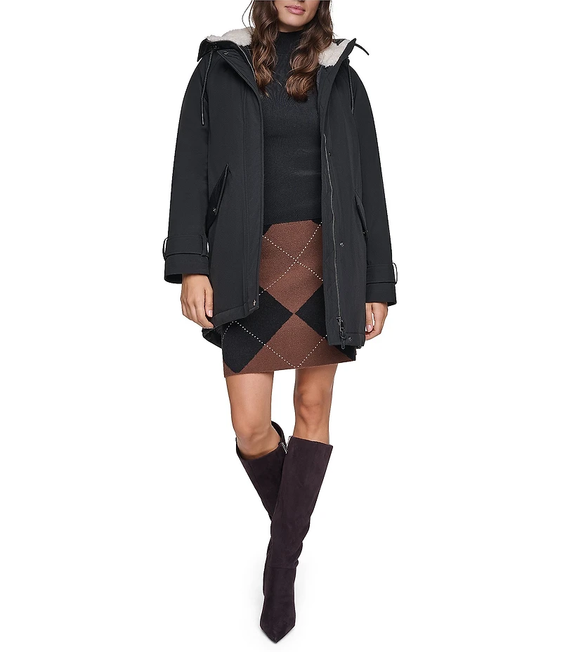 DKNY Softshell Sherpa Lined Hoodie Hidden Snap Front Parka
