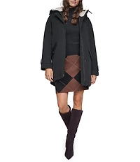 DKNY Softshell Sherpa Lined Hoodie Hidden Snap Front Parka
