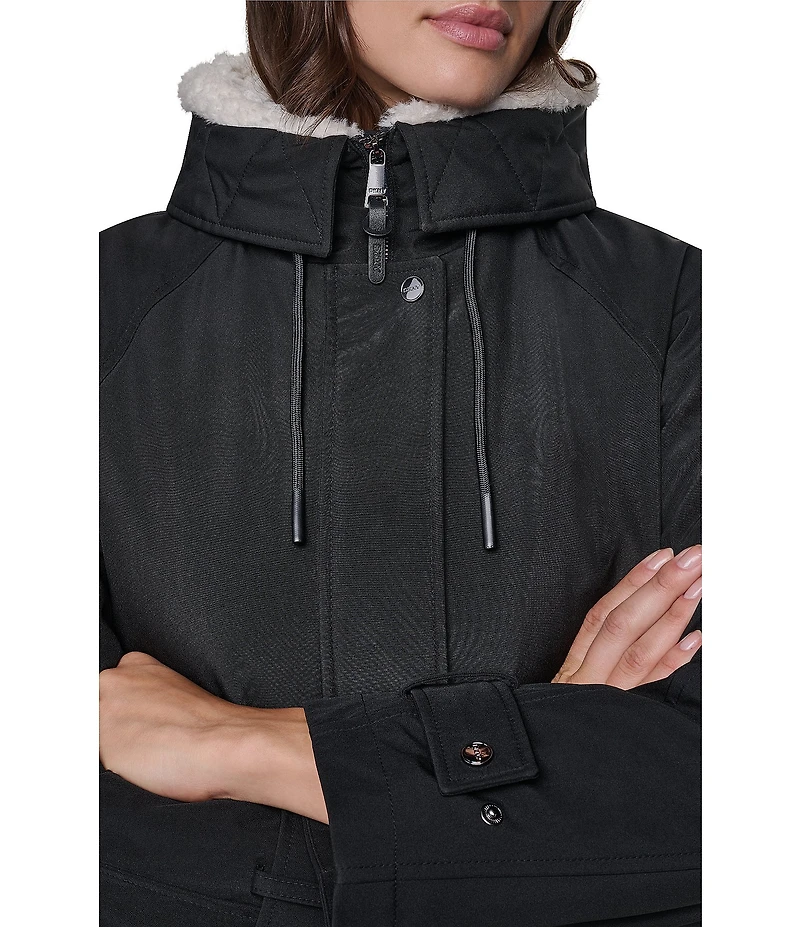 DKNY Softshell Sherpa Lined Hoodie Hidden Snap Front Parka