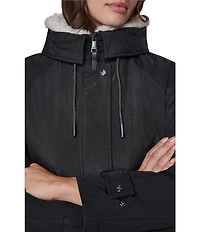 DKNY Softshell Sherpa Lined Hoodie Hidden Snap Front Parka