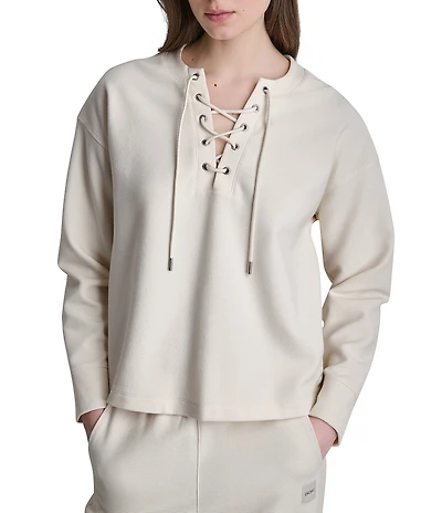 DKNY Sport by Donna Karan Coordinating Rivington Rib Crew Neck Lace Up Pullover