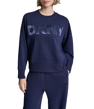 DKNY Sport by Donna Karan Coordinating Satin Transfer Jumbo Logo Crew Neck Long Sleeve Sweatshirt