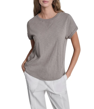 DKNY Sport by Donna Karan Cotton Slub Jersey Crew Neck Short Rolled Cuff Tee