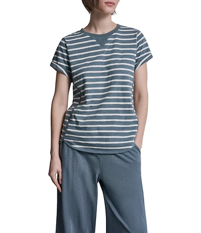DKNY Sport by Donna Karan Cotton Slub Jersey Stripe Crew Neck Short Rolled Cuff Tee