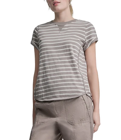 DKNY Sport by Donna Karan Cotton Slub Jersey Stripe Crew Neck Short Rolled Cuff Tee