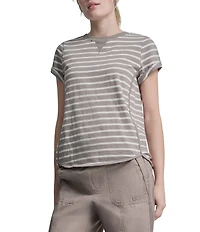 DKNY Sport by Donna Karan Cotton Slub Jersey Stripe Crew Neck Short Rolled Cuff Tee