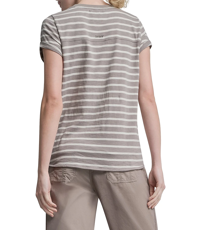 DKNY Sport by Donna Karan Cotton Slub Jersey Stripe Crew Neck Short Rolled Cuff Tee
