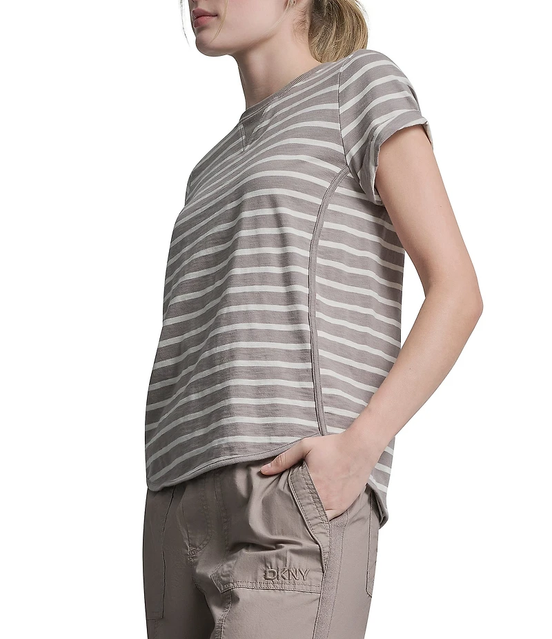 DKNY Sport by Donna Karan Cotton Slub Jersey Stripe Crew Neck Short Rolled Cuff Tee