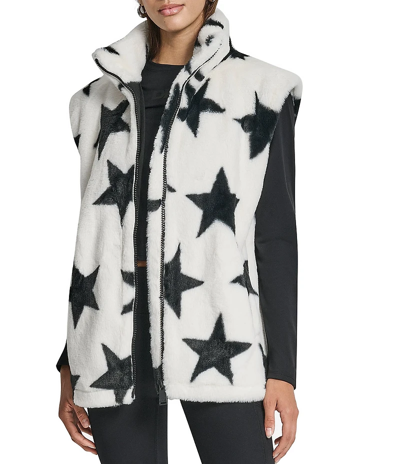 DKNY Sport by Donna Karan Faux Fur Star Print Mock Neck Vest