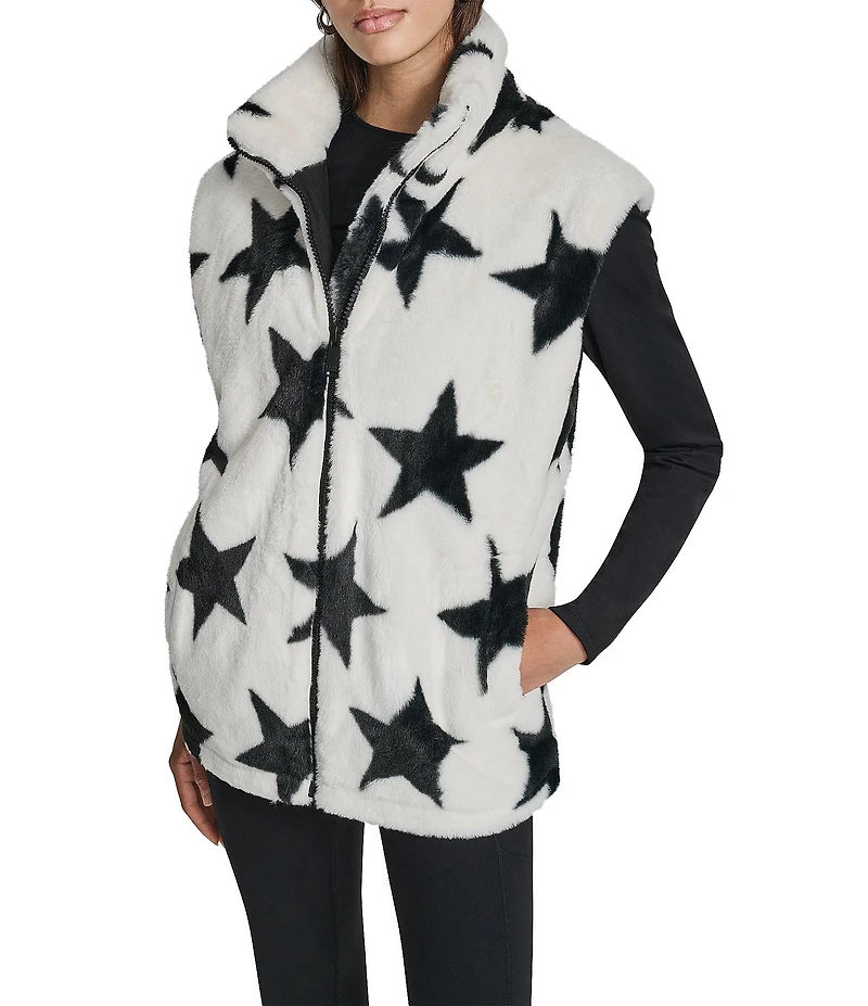 DKNY Sport by Donna Karan Faux Fur Star Print Mock Neck Vest