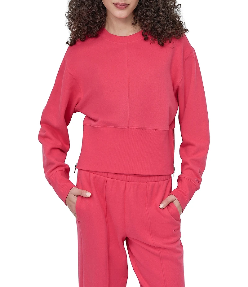 DKNY Sport By Donna Karan French Terry Cropped Crew Neck Side Zip Pullover