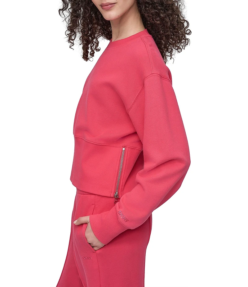DKNY Sport By Donna Karan French Terry Cropped Crew Neck Side Zip Pullover