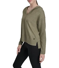 DKNY Sport by Donna Karan Long Sleeve Open Pointelle Stitch V-Neck Hoodie