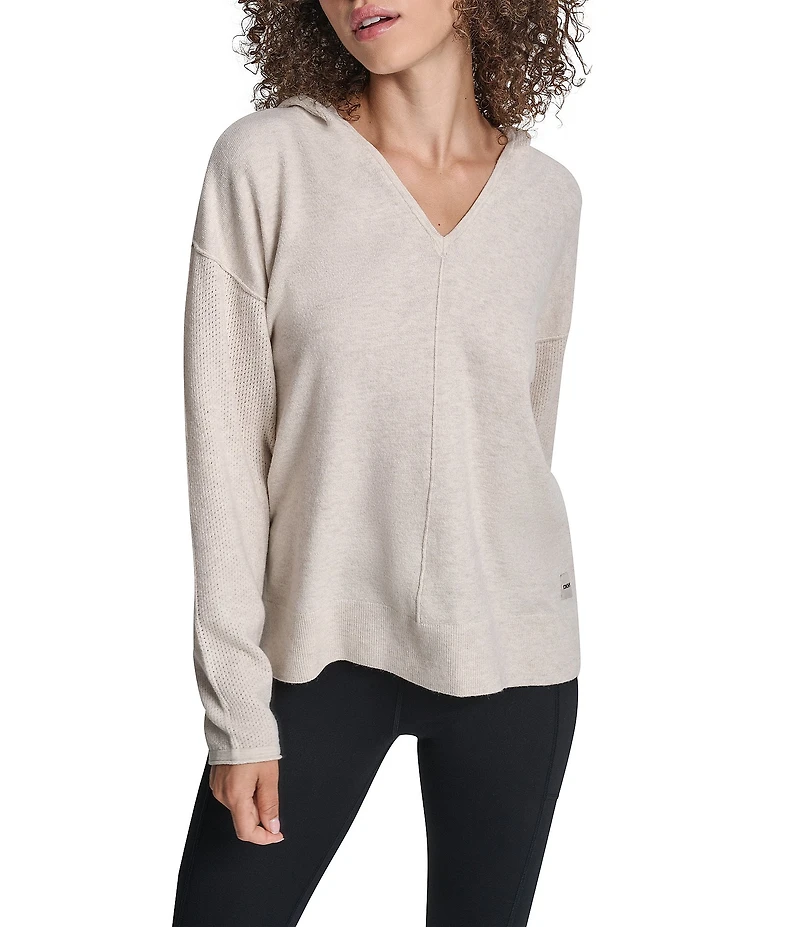 DKNY Sport by Donna Karan Long Sleeve Open Pointelle Stitch V-Neck Hoodie