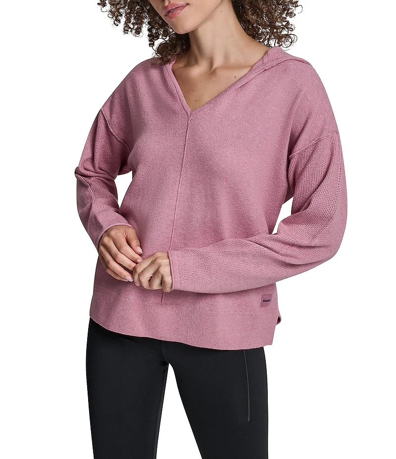 DKNY Sport by Donna Karan Long Sleeve Open Pointelle Stitch V-Neck Hoodie