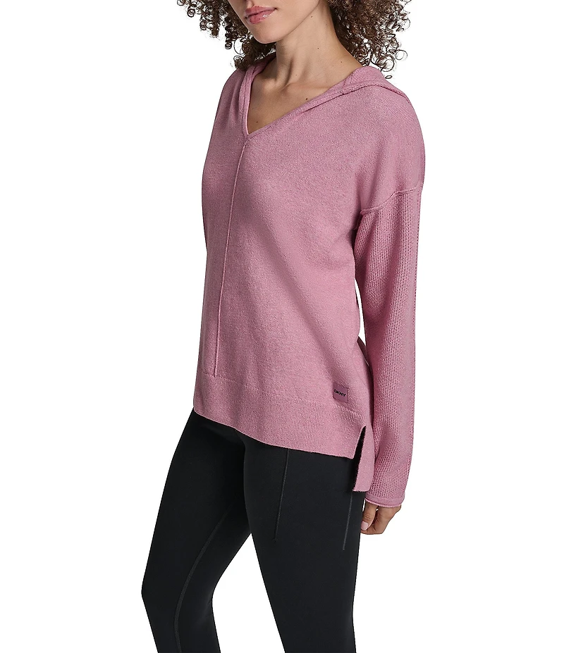 DKNY Sport by Donna Karan Long Sleeve Open Pointelle Stitch V-Neck Hoodie
